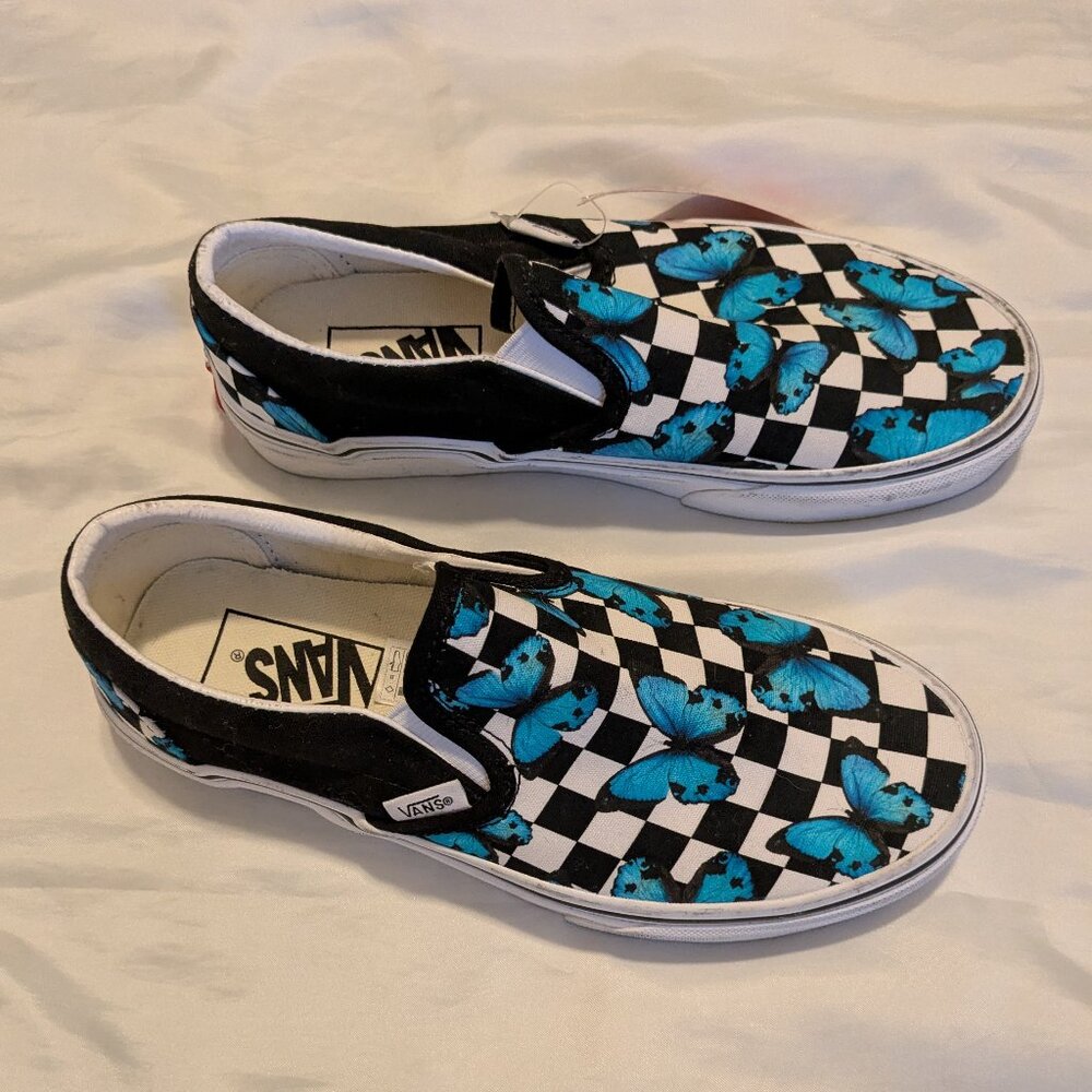 Vans black check/blue butterfly slip on sizes W6 ... M4.5 - Picture 3 of 7